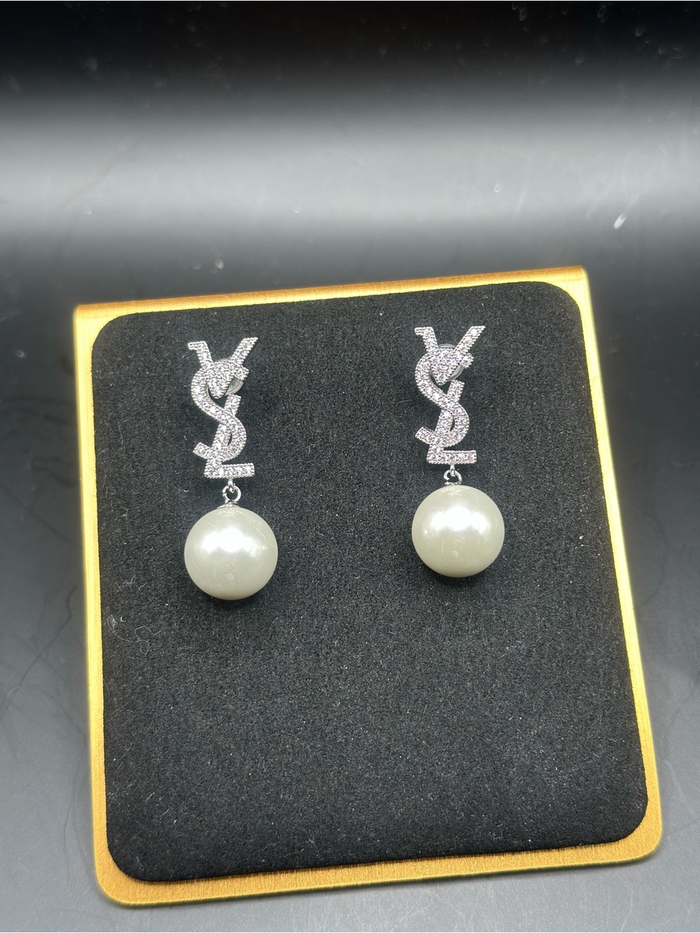 Fashion Jewelry Silver Tone Crystal Logo Pearl Drop Earrings - White